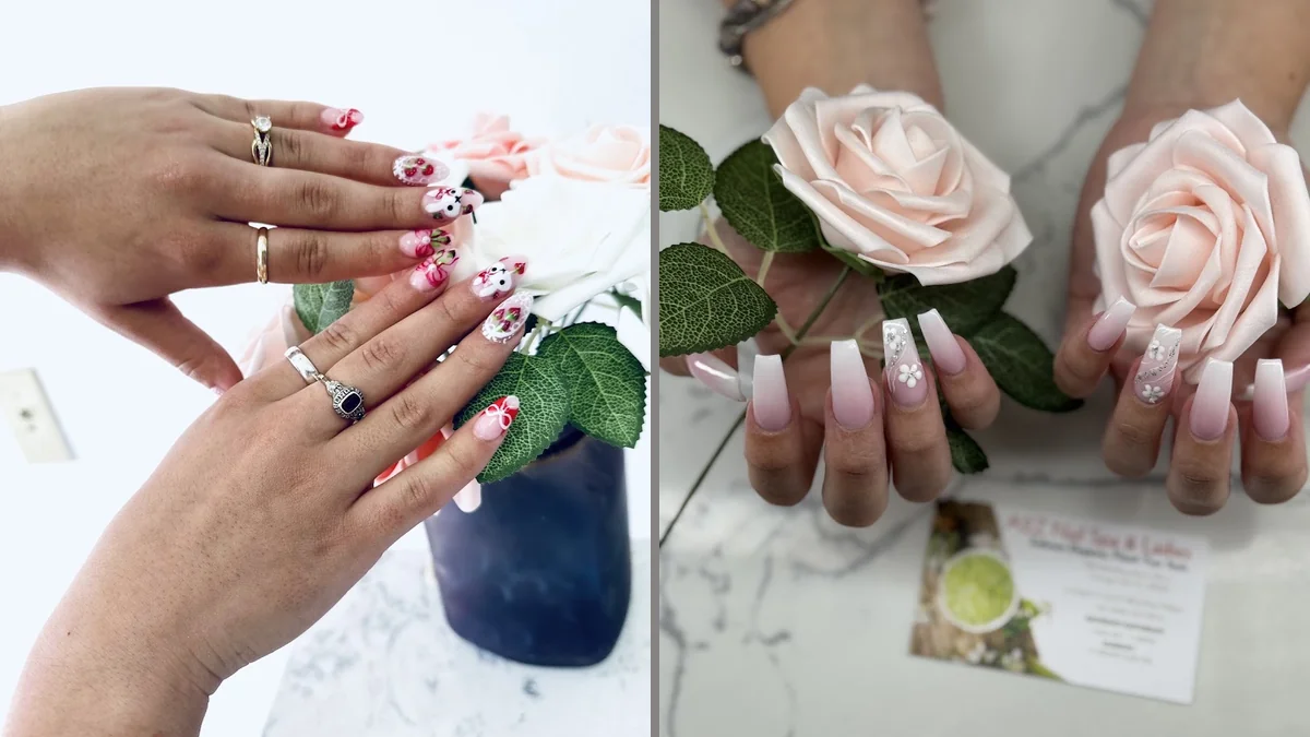 Nail salon stations with manicure tools.