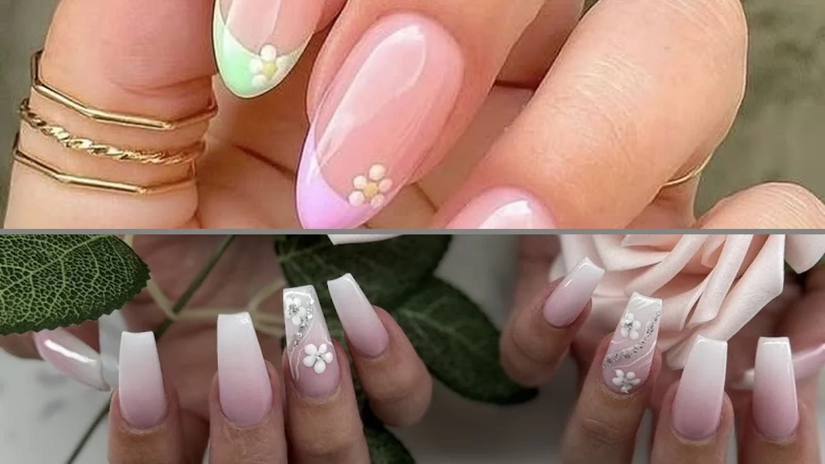 Nail salon stations with manicure tools.