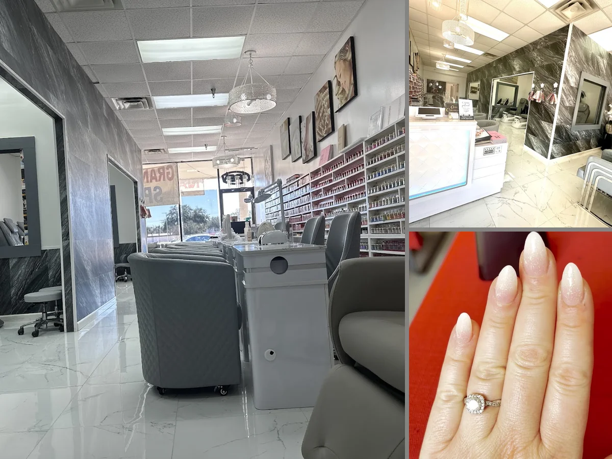 Nail salon stations with manicure tools.